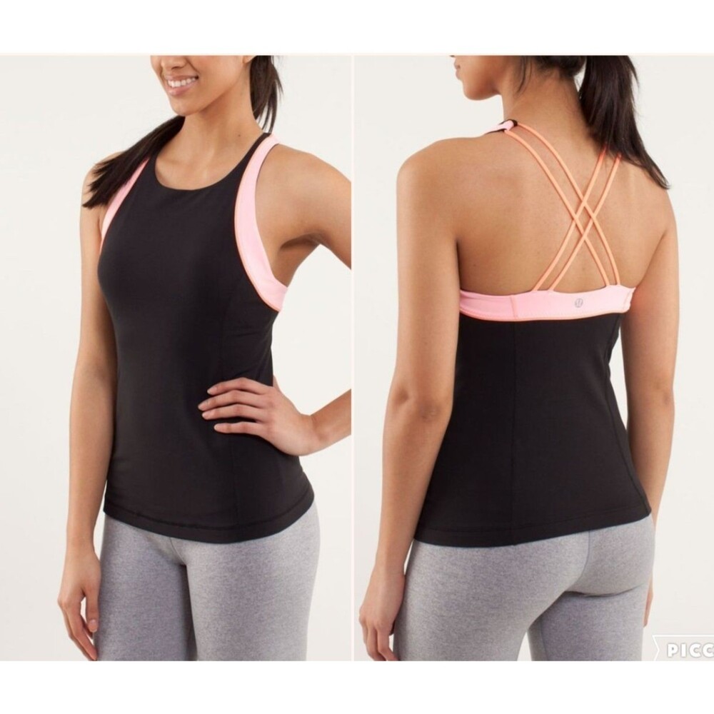 LULULEMON Women’s Vinyasa Surf Crossback Tank Top Size 10 Black Pink-Coral